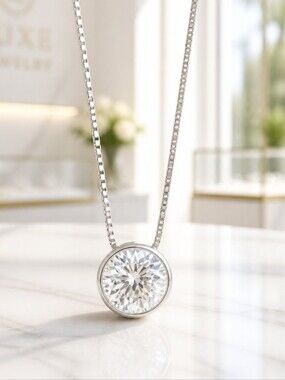 New! Round CZ Pendant with Chain. 925 Sterling Silver